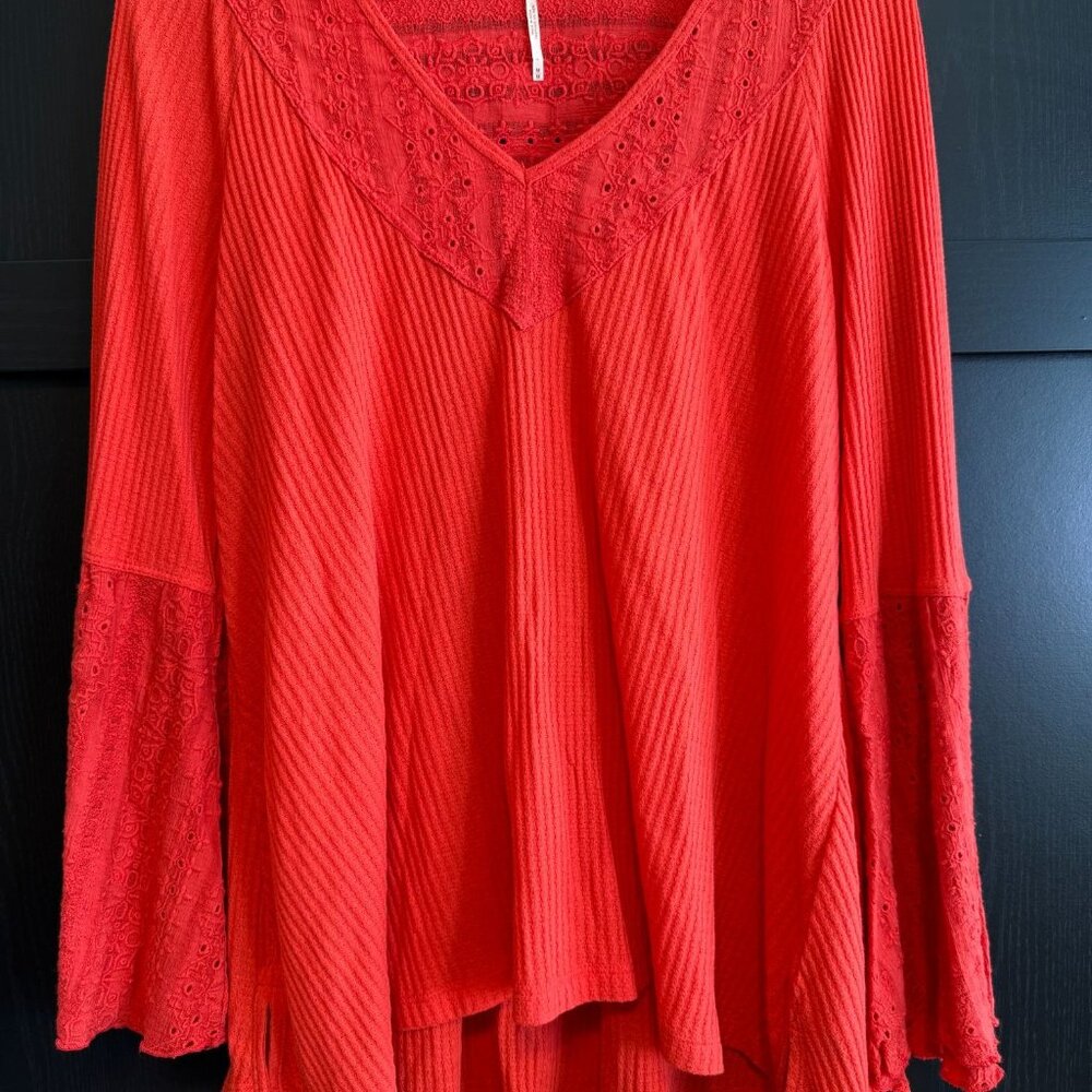 Free People Women's Long Bell Sleeve Eyelet Peasant Red Blouse Medium Boho